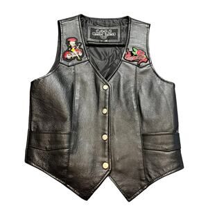 Vintage Leather Gallery Patchwork Betty Boop Biker Vest Black Leather‎ Moto Med